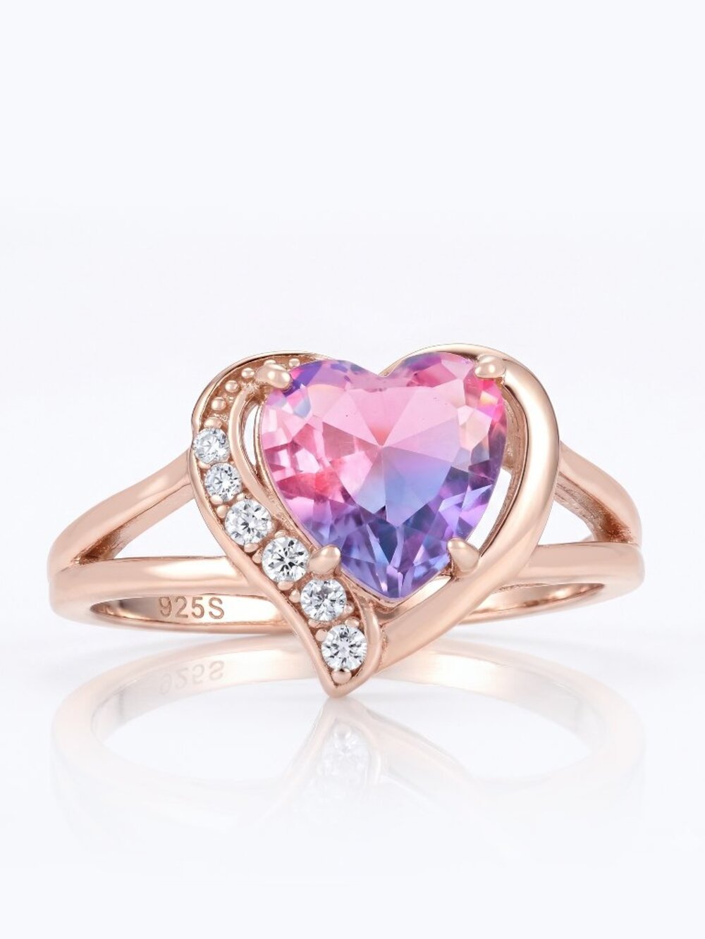 Rose Gold Heart ring, Pink Purple Tourmaline Gem, 925 Sterling Silver Valentines